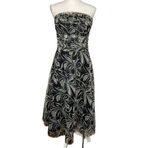 BCBGMaxazria Chiffon Tulle Lined Dress Floral Strapless black tan size 10
